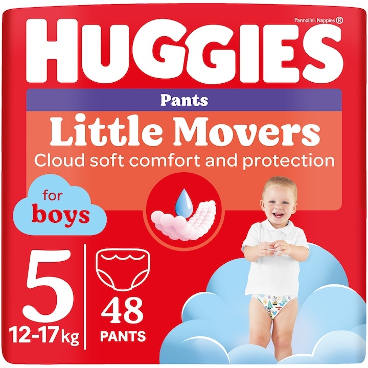 Scutece chilotel Huggies Little Movers 5, Boy, 12-17 kg, 48 buc, Resigilat, Grad A
