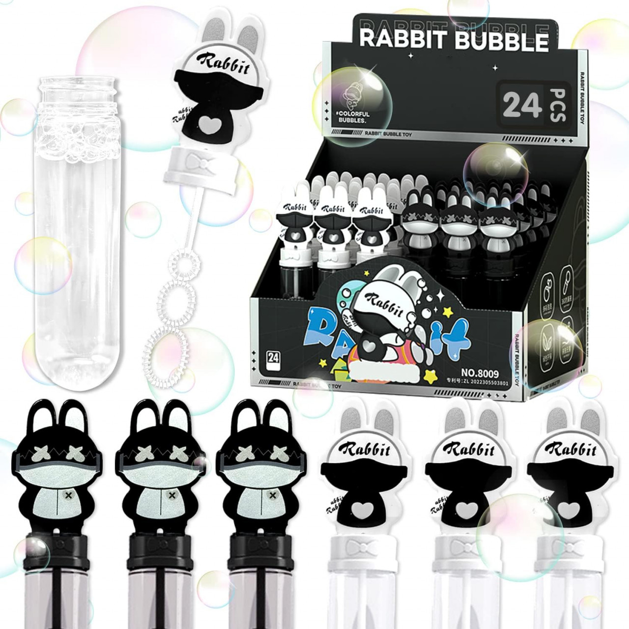 Set 24 sticlute pentru baloane de sapun la petrecerea copiilor Meishang, plastic, alb/negru, 13 cm