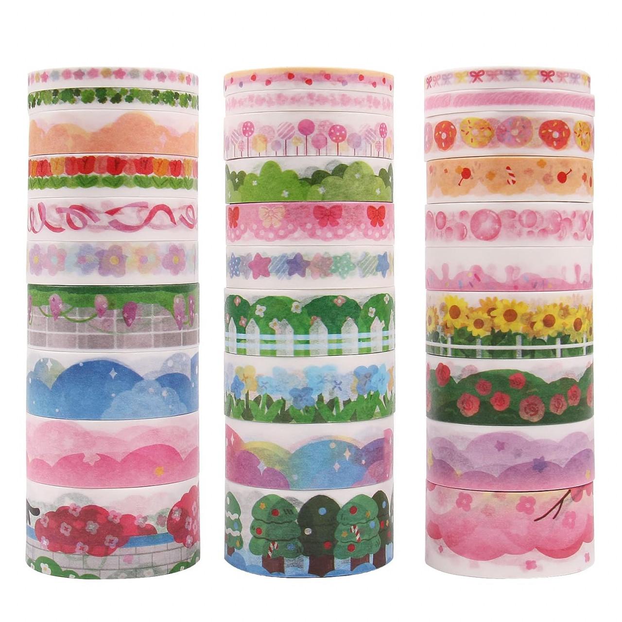Set 30 role de banda adeziva pentru mestesuguri Lychii, hartie washi, multicolor, 3 m