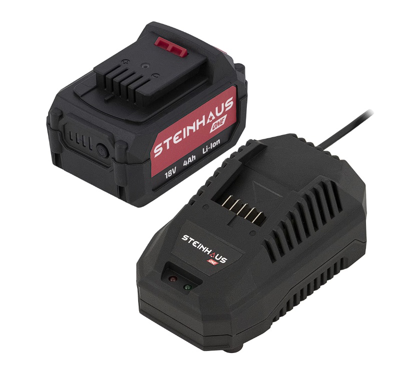 Set acumulator si incarcator rapid Steinhaus ONE 18V, PRO-ONE-BAT4CH, acumulator 18V Li-Ion cu capacitate 4Ah, incarcator rapid 4.5A, Resigilat, Grad
