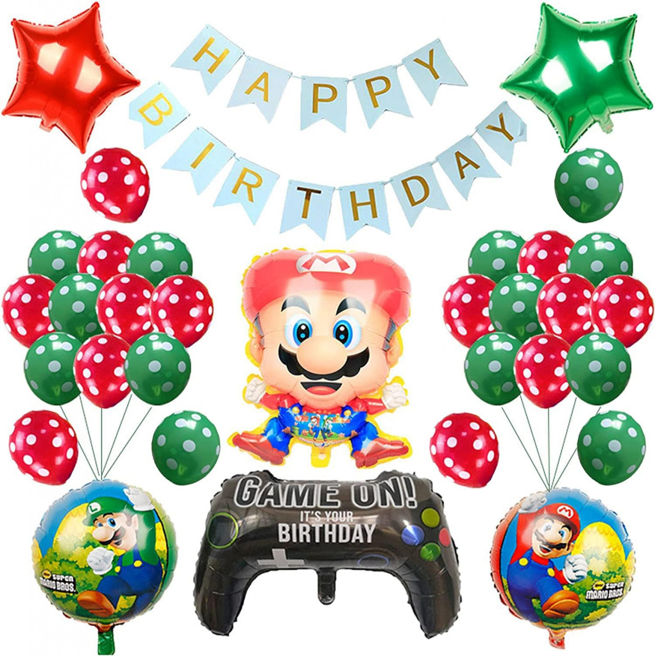 Set aniversar animat pentru copii CMDXBD, model Super Mario, latex/folie, rosu/verde, 28 piese