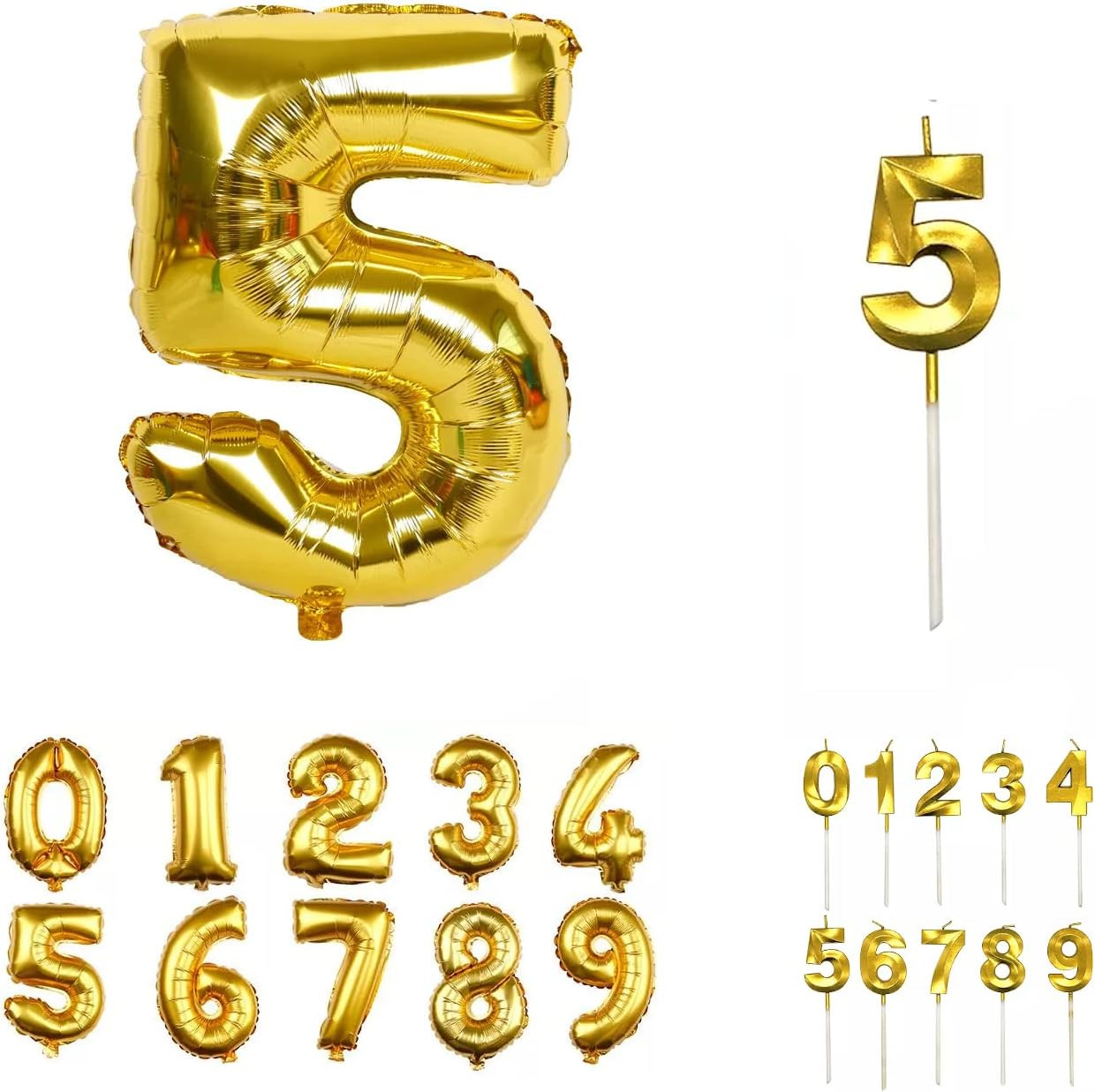 Set aniversar cu balon si lumanare pentru 5 ani REVIBOS, folie/ceara, auriu, 100 cm / 12,5 x 3,5 cm