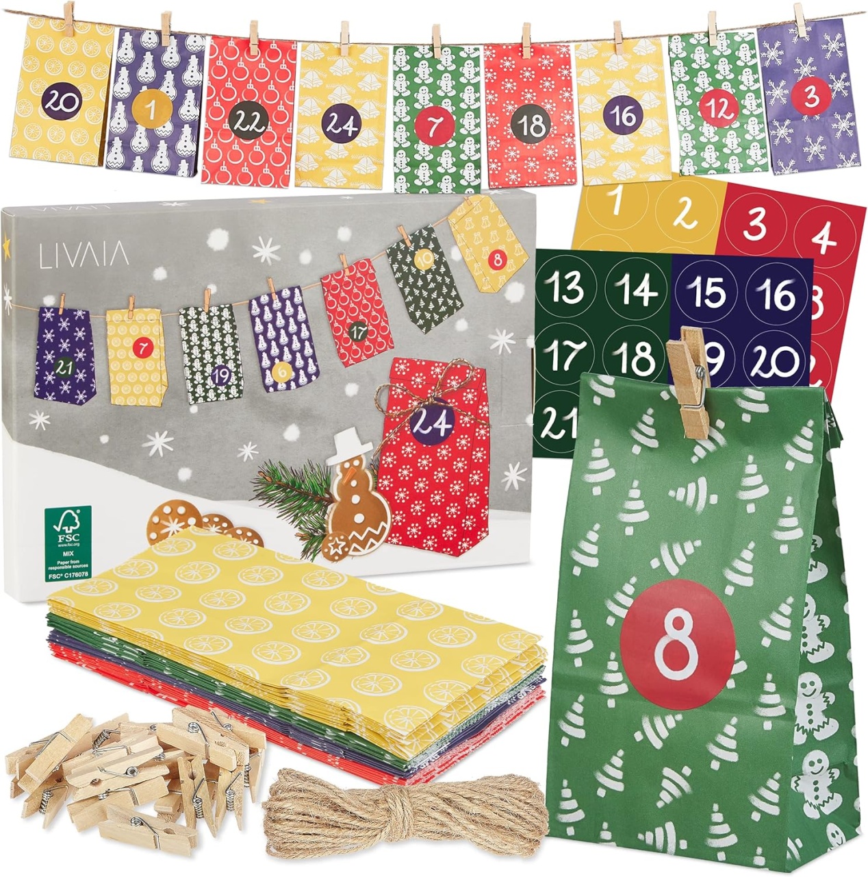 Set calendar de Advent pentru Craciun Livaia, hartie/lemn, multicolor, 50 piese