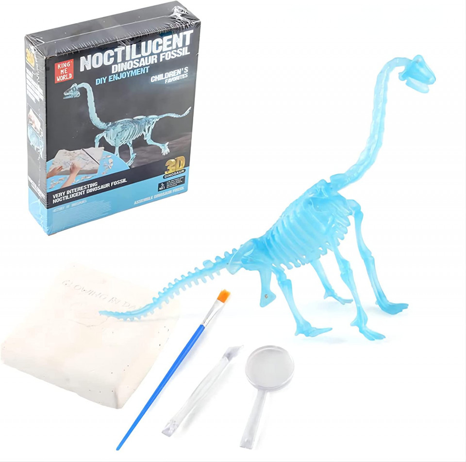 Set cu schelet de dinozaur si kit de cautare Sipobuy, plastic, albastru, Fosila-Brachiosaurus, 12,5 x 5, 5 x 17,5 cm