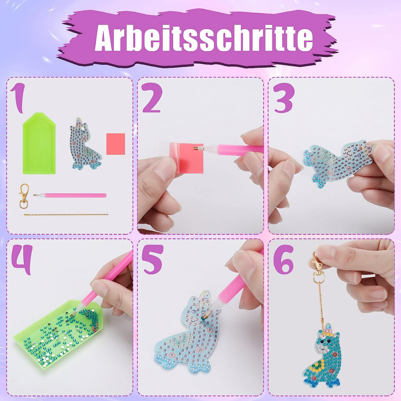 Poze Set de 10 brelocuri cu picturi cu diamante LAOKEAI, model unicorn, metal/rasina, multicolor, 6 - 7,5 cm