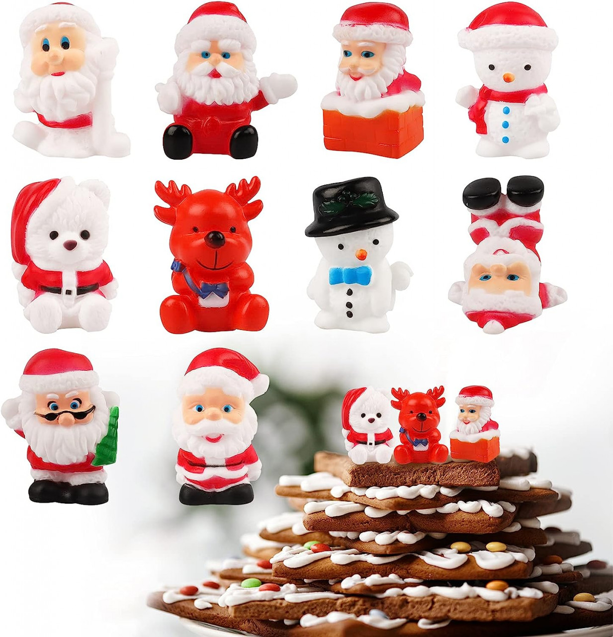 Set de 10 decoratiuni pentru tortul de Craciun Yisscen, PVC, alb/rosu, 4,5 cm