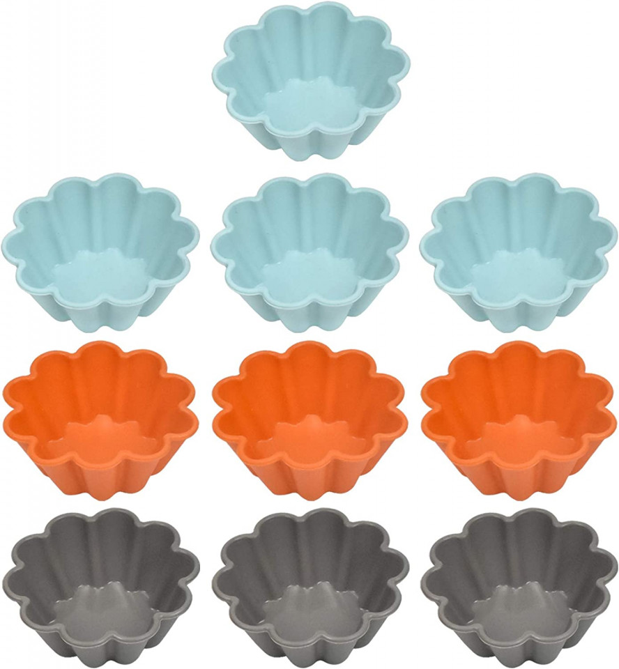 Set de 10 forme pentru briose Wangjiangda, silicon, albastru/portocaliu/gri, 7,7 cm