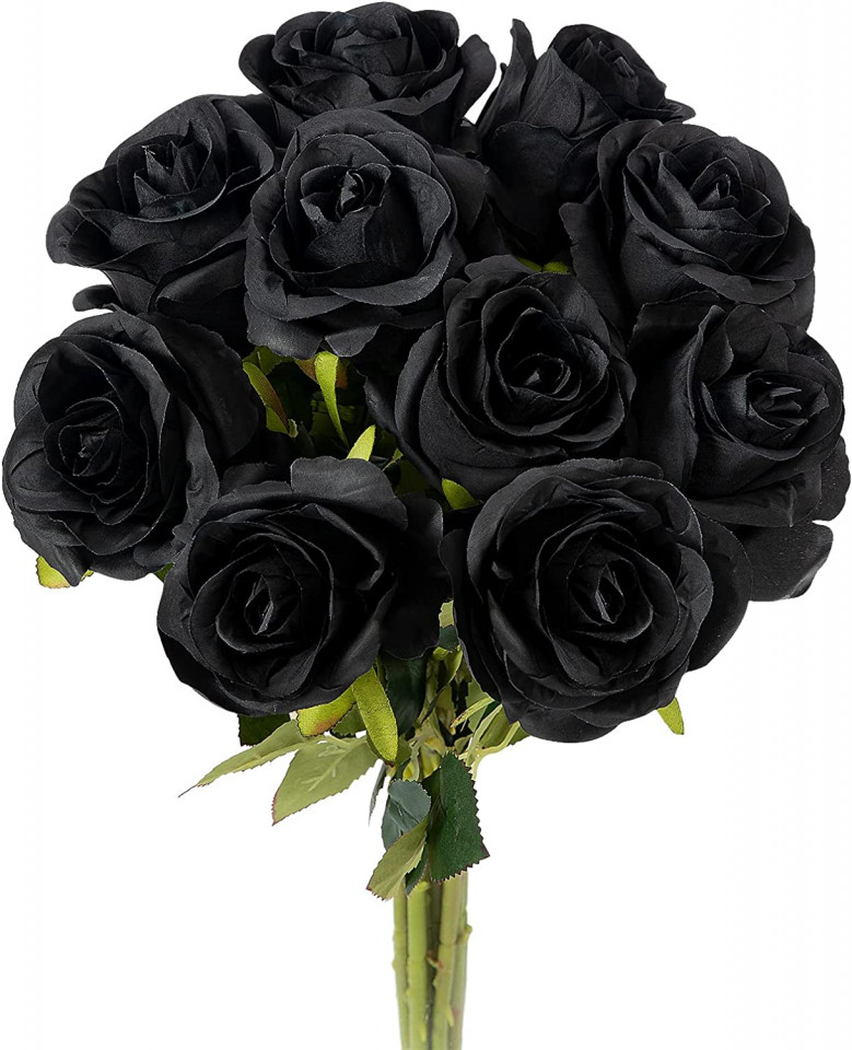 Set de 10 trandafiri artificiali Hawesome, matase/plastic, negru/verde, 54 cm
