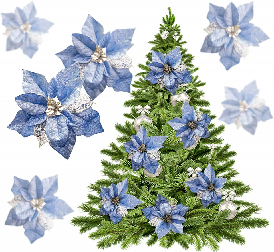 Set de 12 flori cu sclipici pentru bradul de Craciun KEPATO, albastru, textil, 22 cm