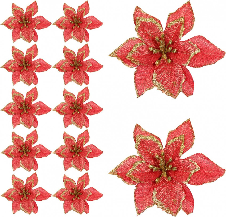 Set de 12 flori pentru brad Awonlate, tesatura, rosu/auriu, 13 cm Awonlate pret redus