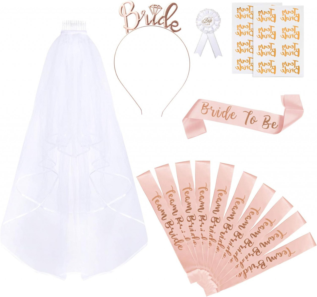 Set de 16 accesorii pentru nunta Naler, plastic/textil, alb/auriu/rose
