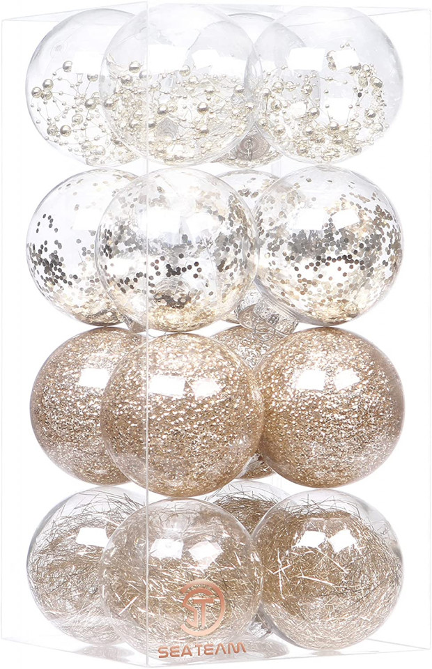 Set de 16 globuri de Craciun Sea Team, plastic, transparent/auriu/argintiu, 10 cm chilipirul-zilei.ro
