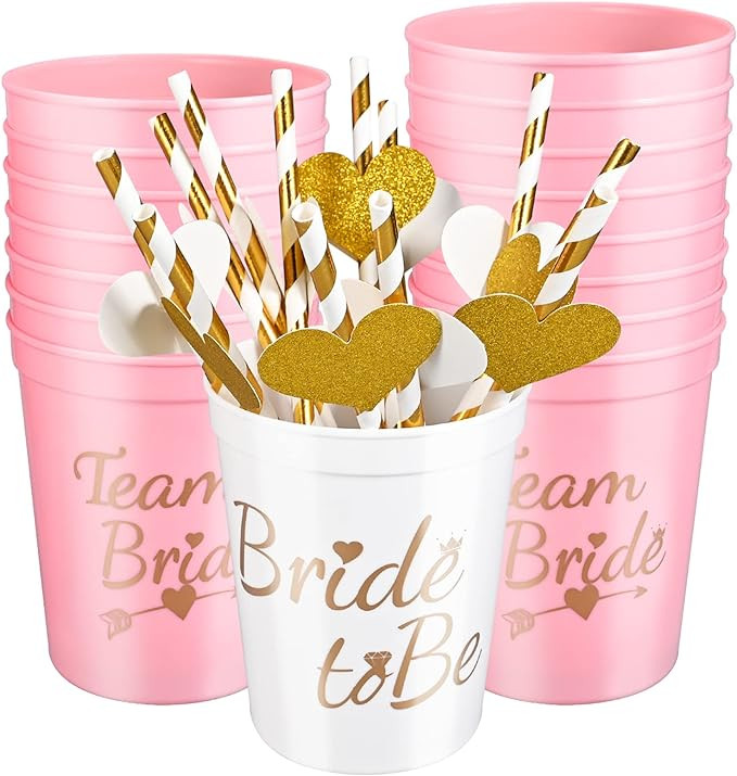 Set de 16 pahare cu paie Bride To Be, plastic, alb/roz/auriu, 450 ml