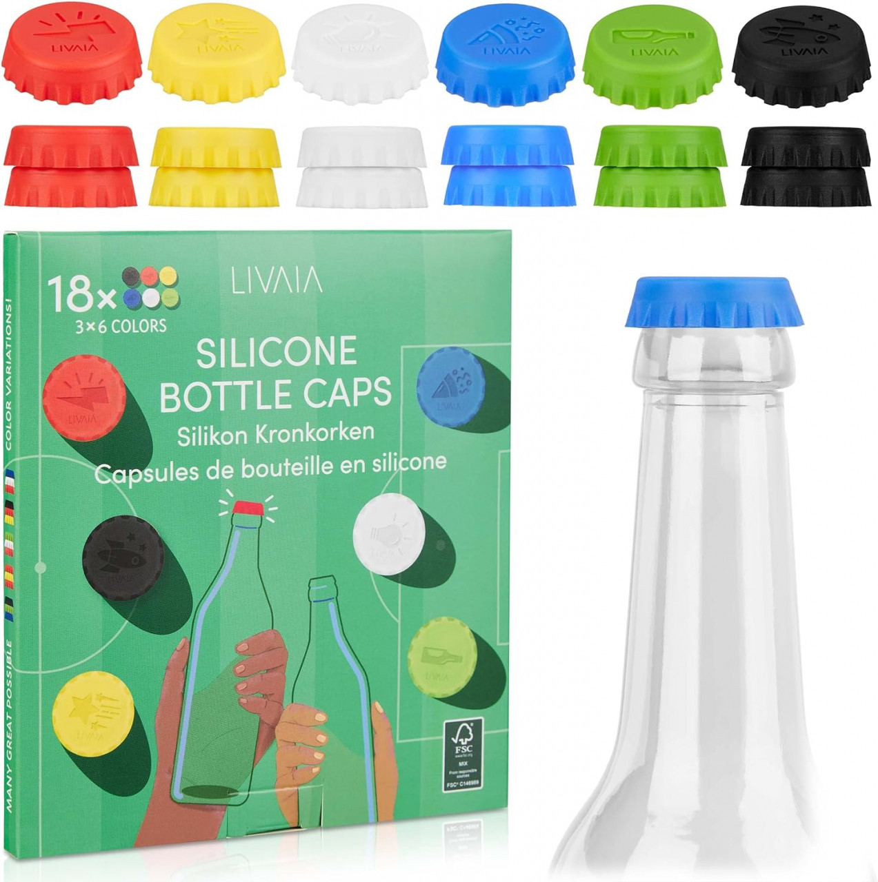 Set de 18 capace pentru sticle LIVAIA, silicon, multicolor, 3 cm