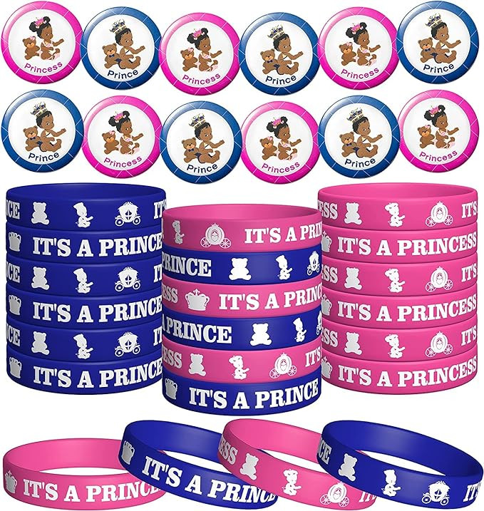 Set de 24 bratari si 24 insigne Haooryx , pentru Baby Shower, silicon/metal, roz/albastru, 10 x 10 x 10 mm