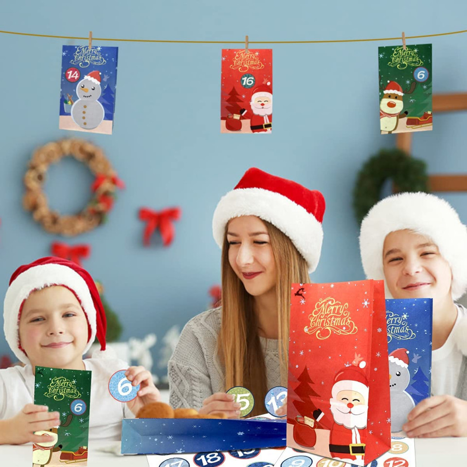 Poze Set de 24 pungi cu autocolante si clips pentru calendar de Advent WEYON, hartie/lemn/textil, multicolor, 15 x 9 x 27 cm