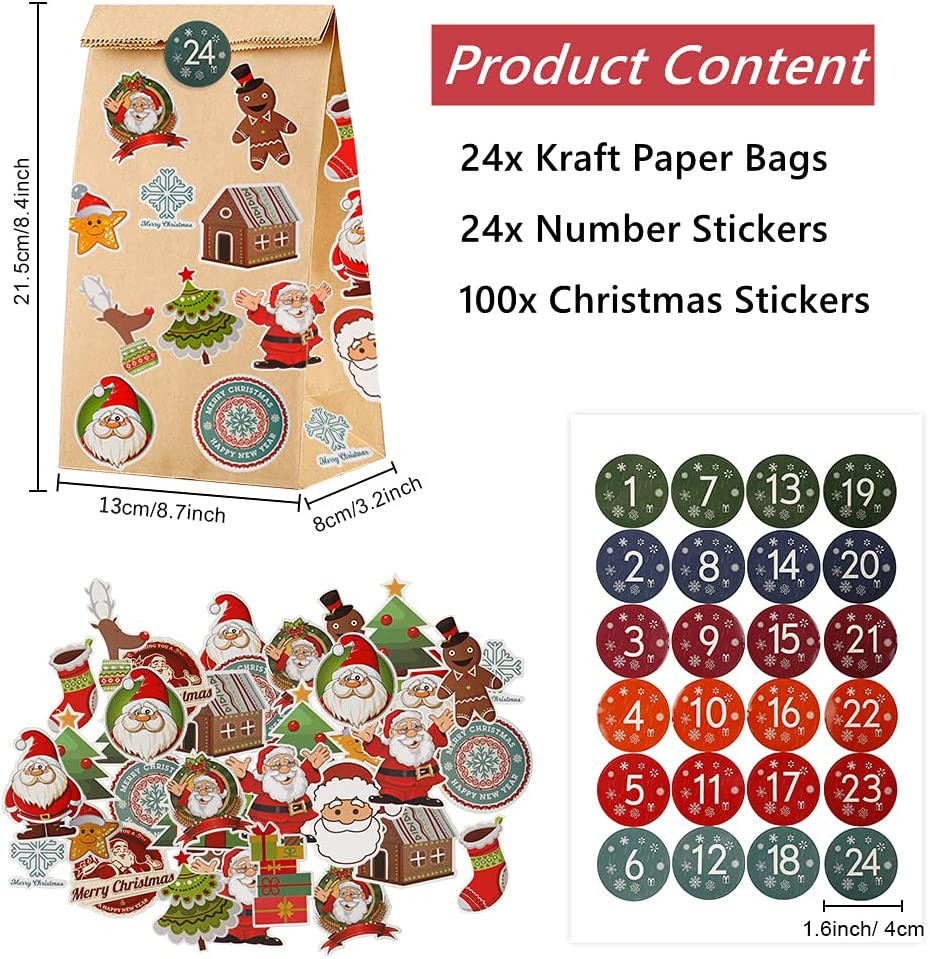 Set de 24 pungi si 124 stickere pentru calendarul de advent Tenwo, hartie/PVC, multicolor, 13 x 8 x 21,5 cm
