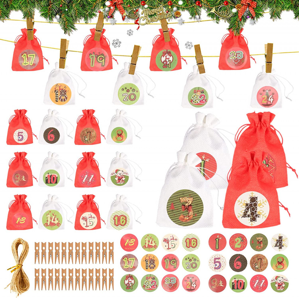 Set de 24 saculeti cu autocolante si clipsuri pentru calendar de advent Gxhong, multicolor, iuta/hartie/lemn, 13,5 x 9, 5 cm