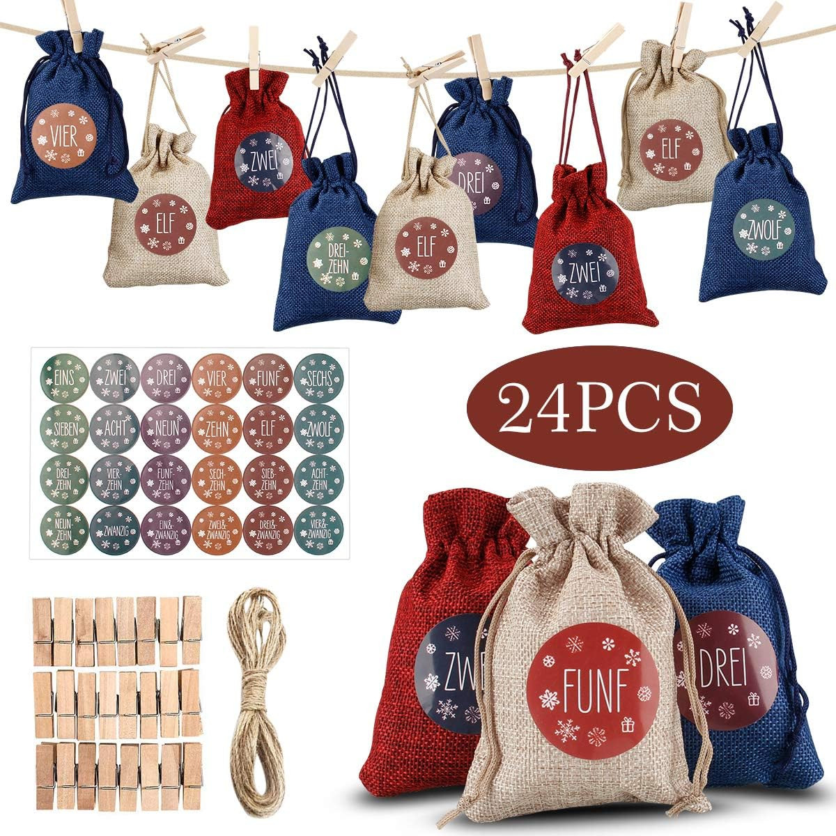 Set de 24 saculeti cu cleme si stickere pentru calendarul de advent Orlegol , lemn/textil/hartie, multicolor, 13,5 x 9,5 cm