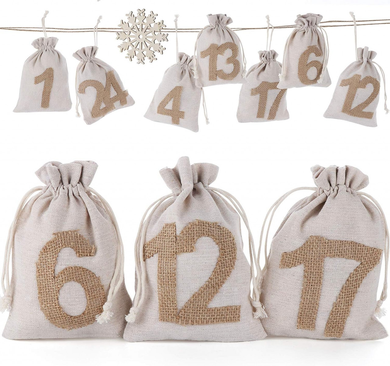 Set de 24 saculeti pentru calendar de advent Sweelov, textil, natur, 13 x 18 cm