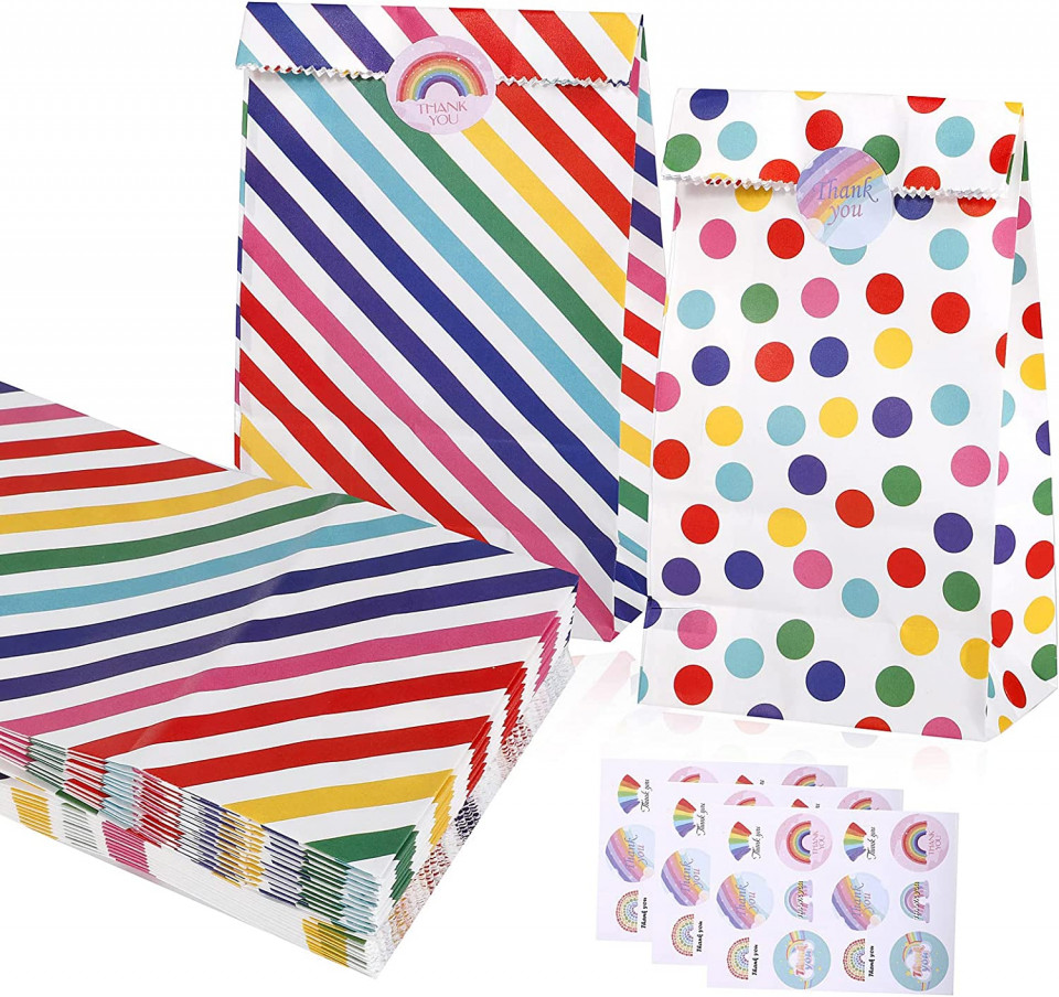 Set de 25 pungi cu autocolante pentru cadouri Hemiks, hartie, multicolor, 9 x 5,5 x 18 cm