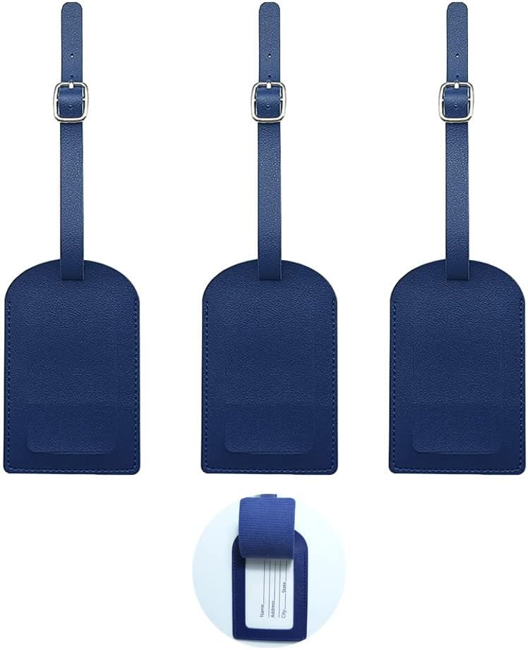 Set de 3 etichete pentru bagaje MIEWAA, piele PU, albastru, 22 x 6.7 cm