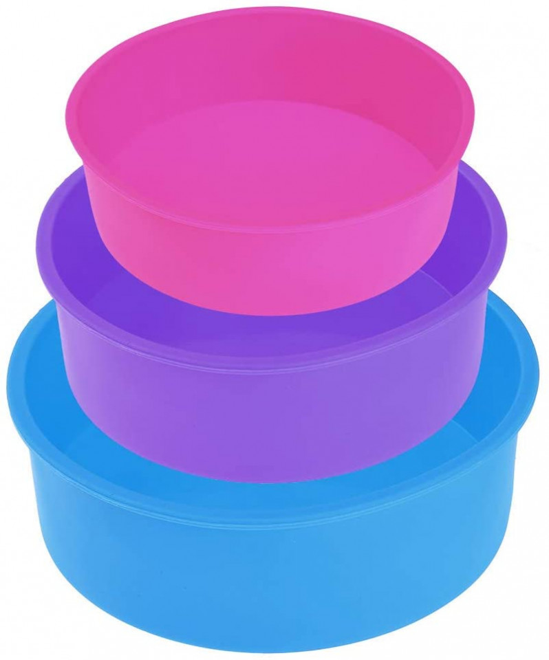 Set de 3 matrite pentru tort Rafow, silicon, roz/albastru/violet, 24/20/17 cm chilipirul-zilei.ro/