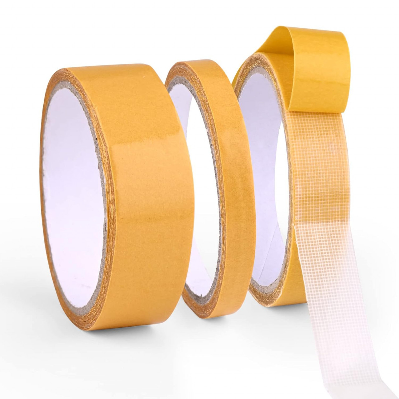 Set de 3 role de banda dublu adeziva fata-verso pentru mestesuguri Bekecidi, PE/plasa din fibra de sticla,15 m x 2/3/4 cm