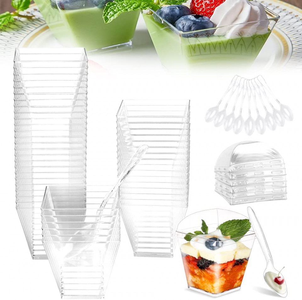 Set de 30 de cupe pentru desert cu capac si lingura DURANTEY, plastic, transparent, 6,3 x 5 x 4,5 cm