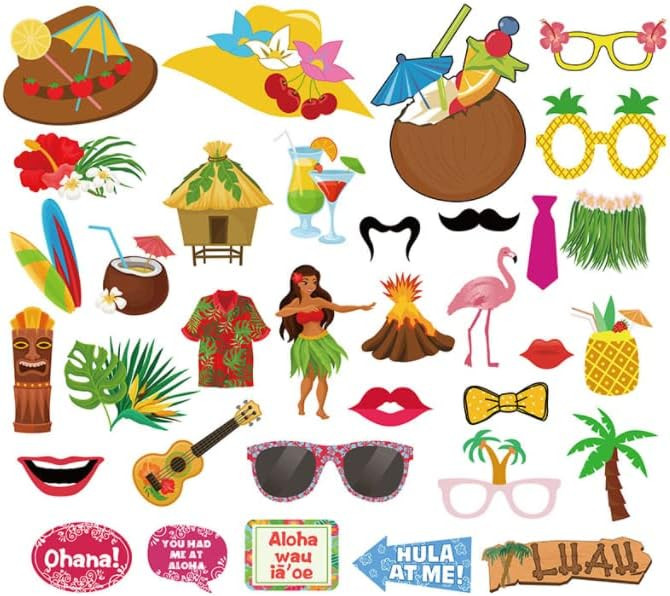 Set de 34 piese pentru recuzita foto Losuya, tematica Hawaiian, hartie, multicolor