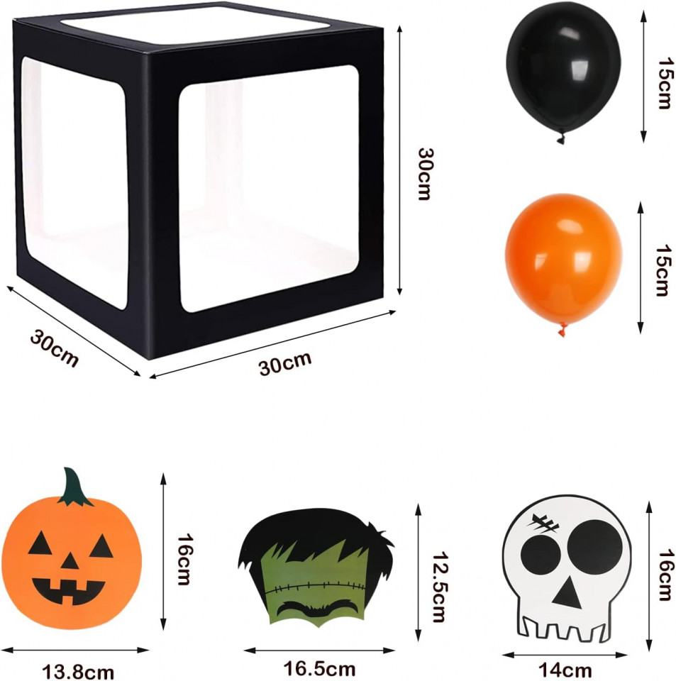 Poze Set de 4 cutii cu 20 de baloane si 22 autocolante pentru Haloween Fennoral, hartie/latex, portocaliu/negru