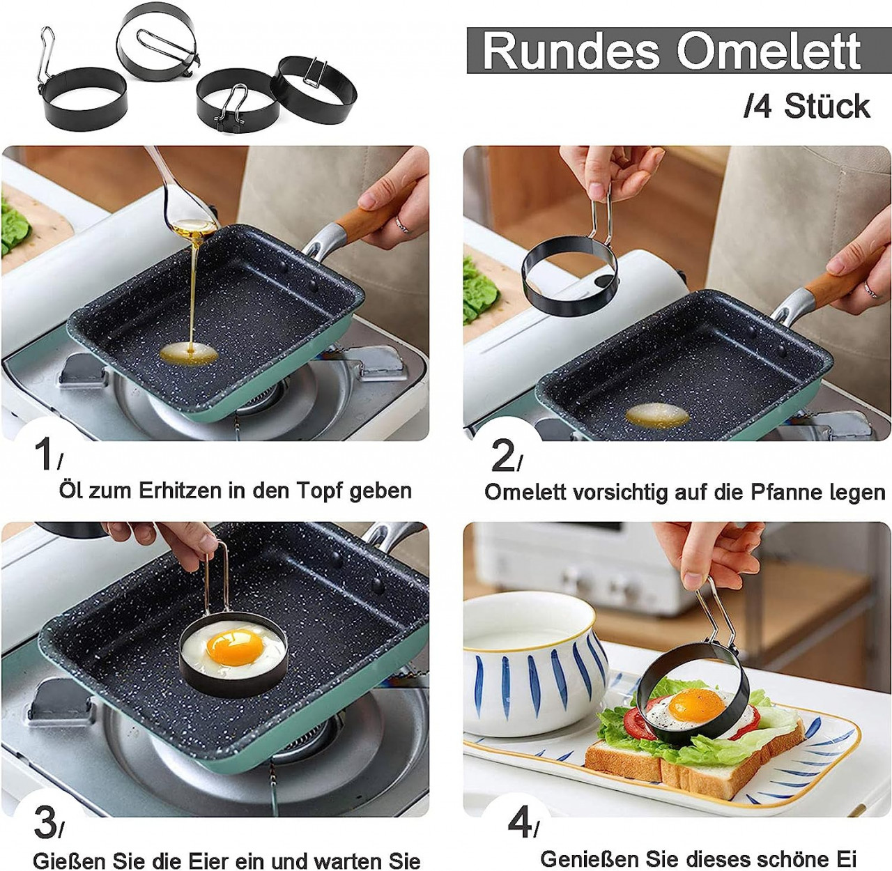 Poze Set de 4 forme si o perie de silicon pentru oua/clatite SVUPUE,otel inoxidabil, negru, 7,5 cm