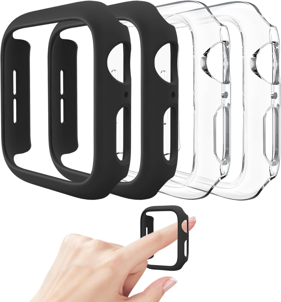 Set de 4 huse pentru Apple Watch Series 9 (2023), Series 8, Series 7 Mugust, PC, negru/transparent, 41 mm