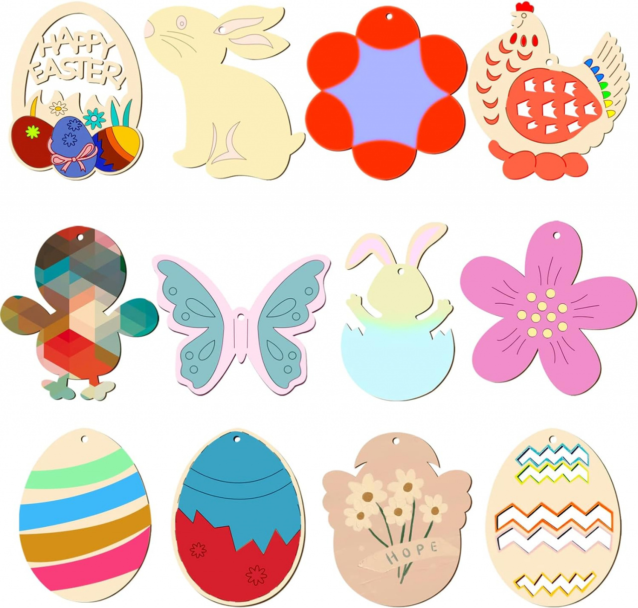 Set de 48 ornamente pentru Paste Yomisee, lemn, bej