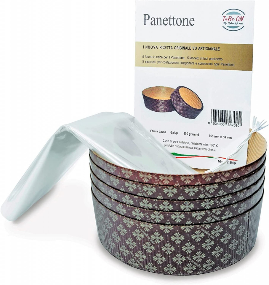 Set de 5 forme, 5 pungi si o reteta pentru panettone Saon23 srls, hartie, alb/maro, 500 g