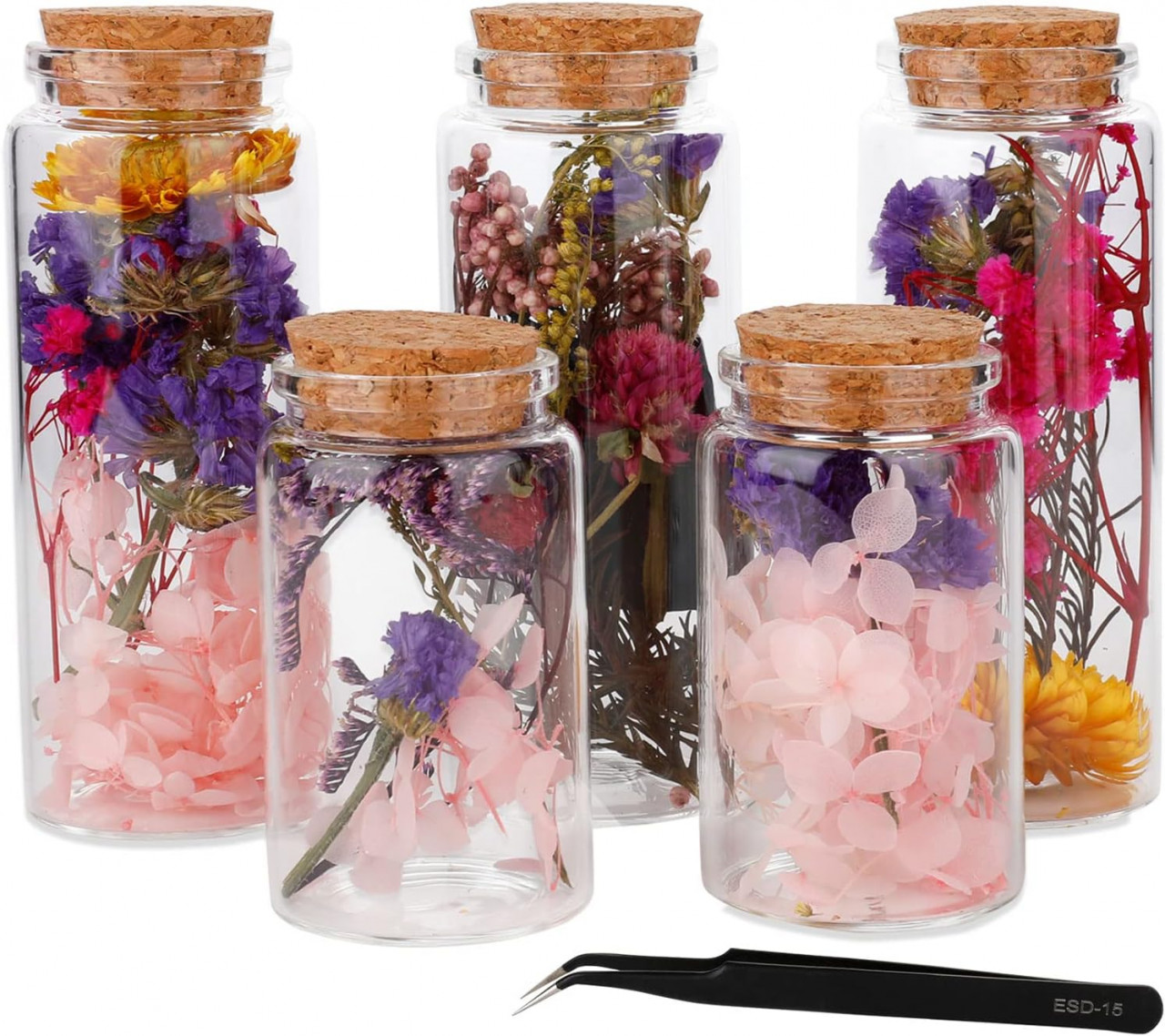 Set de 5 recipiente cu flori pentru mestesuguri Lyeiaa, sticla/flori uscate, multicolor, 12 x 4,7 cm / 8 x 4,7 cm chilipirul-zilei.ro/