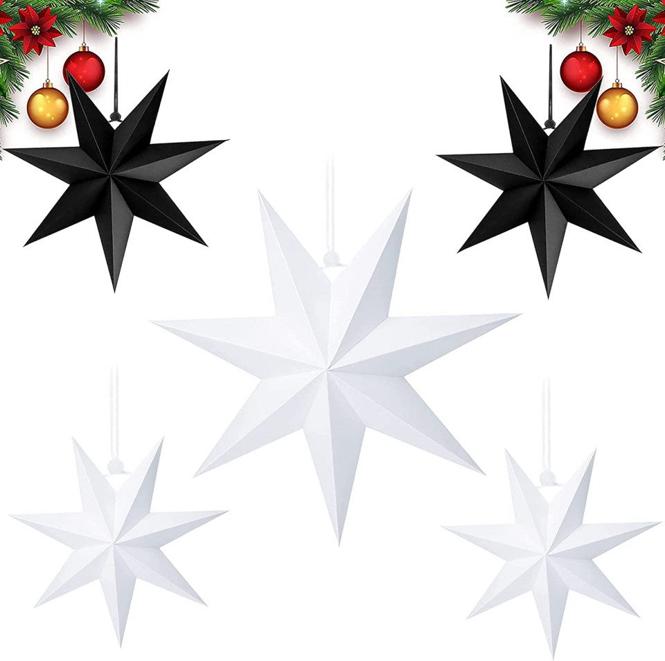 Set de 5 stelute suspendate Sunshine smile, negru/alb, hartie, 1 x 60 cm / 4 x 30 cm