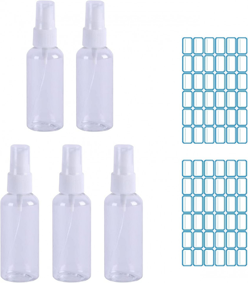 Set de 5 sticlute cu pulverizator si 36 etichete Bavooty, plastic/hartie, transparent, 92 x 22 mm