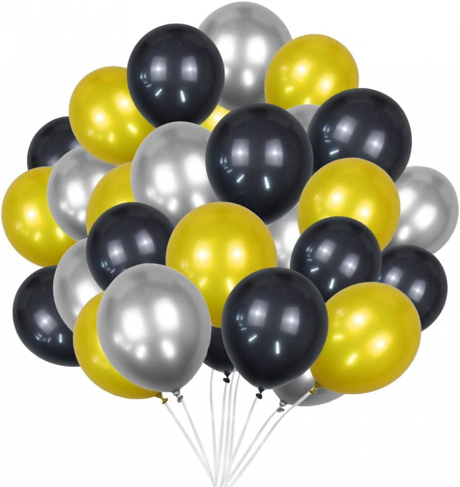 Set de 50 baloane Jiaer Sentai, latex, argintiu/galben/negru, 30 cm