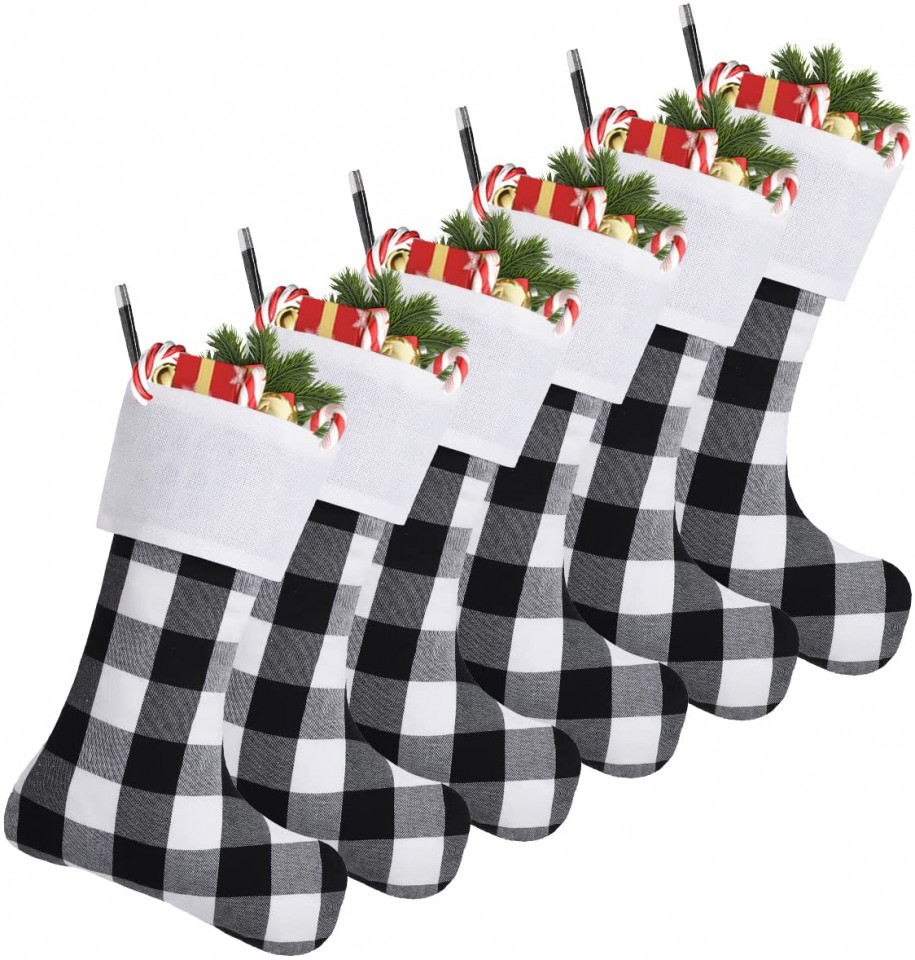 Set de 6 ciorapi de Craciun Cootato, textil, carouri,alb/negru, 46 cm Accesorii pentru petreceri 2023-09-25