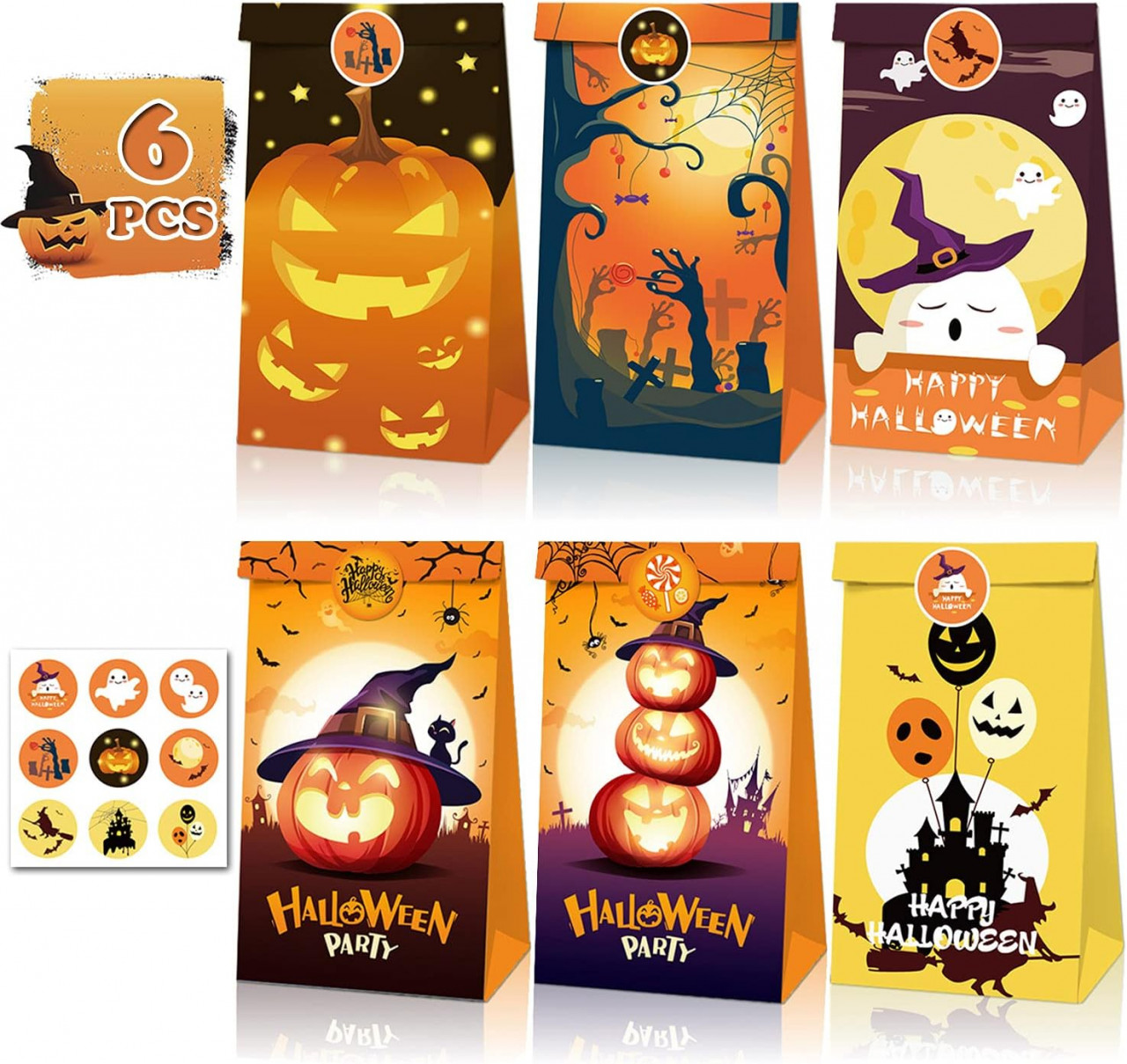 Set de 6 pungi cu autocolante pentru Halloween, hartie, multicolor, 20 x 12 cm