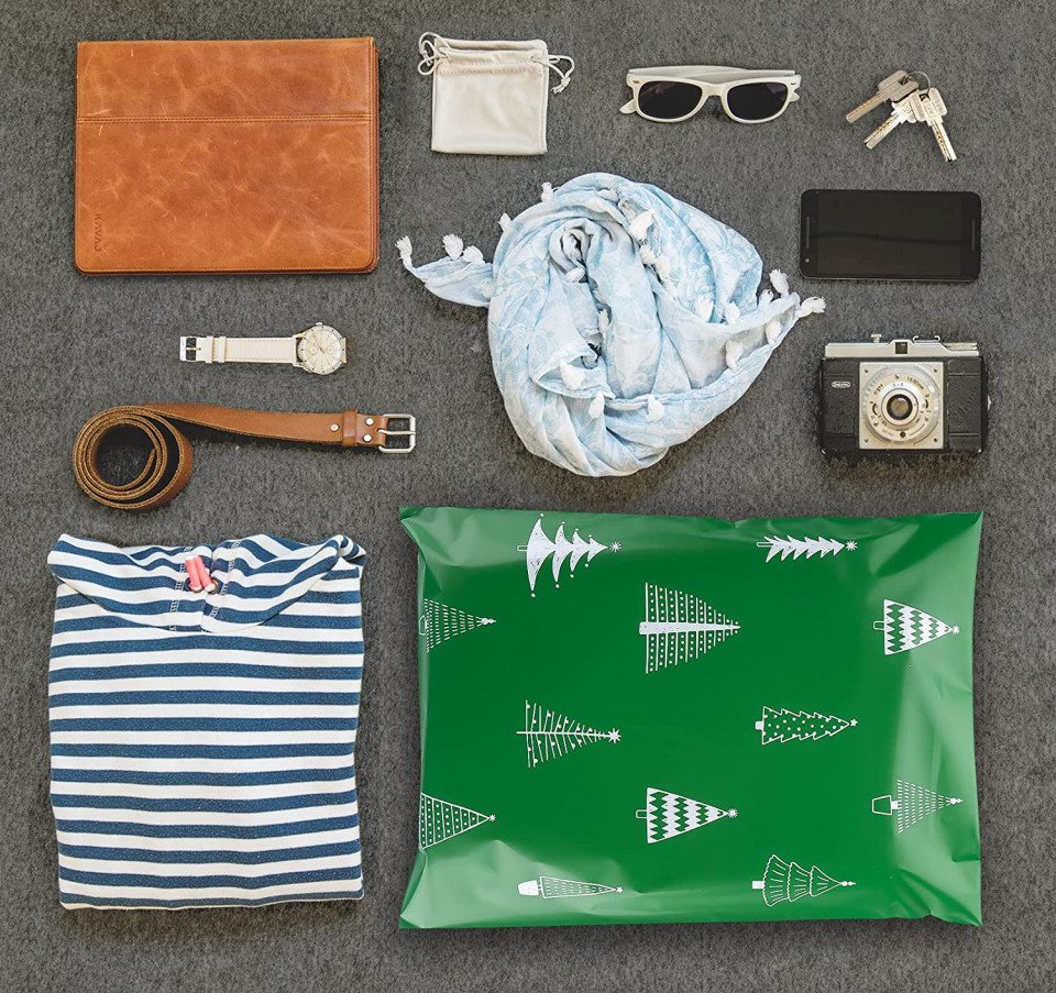 Poze Set de 60 de pungi auto-adezive pentru transport de Craciun Homewit, plastic, verde/alb, 30 x 40 cm