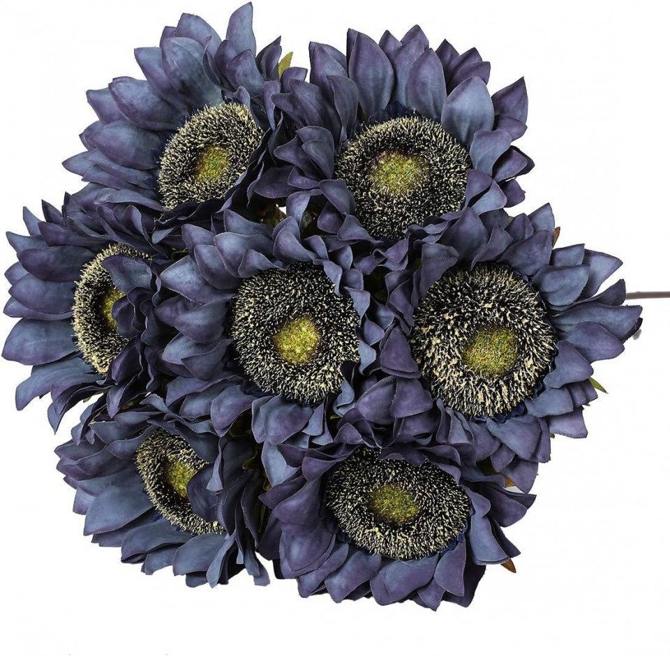 Set de 7 flori artificiale Hawesome, matase/plastic, verde/albastru inchis, 42,9 x 11,9 cm