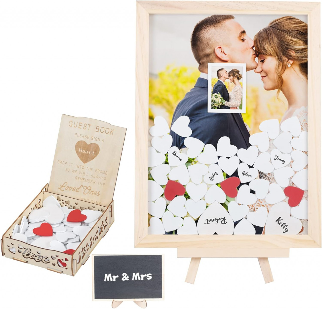 Set de carte de oaspeti cu 105 inimioare, tabla si cutie AirSMall, lemn/hartie, alb/natur/rosu, 30 x 40 cm