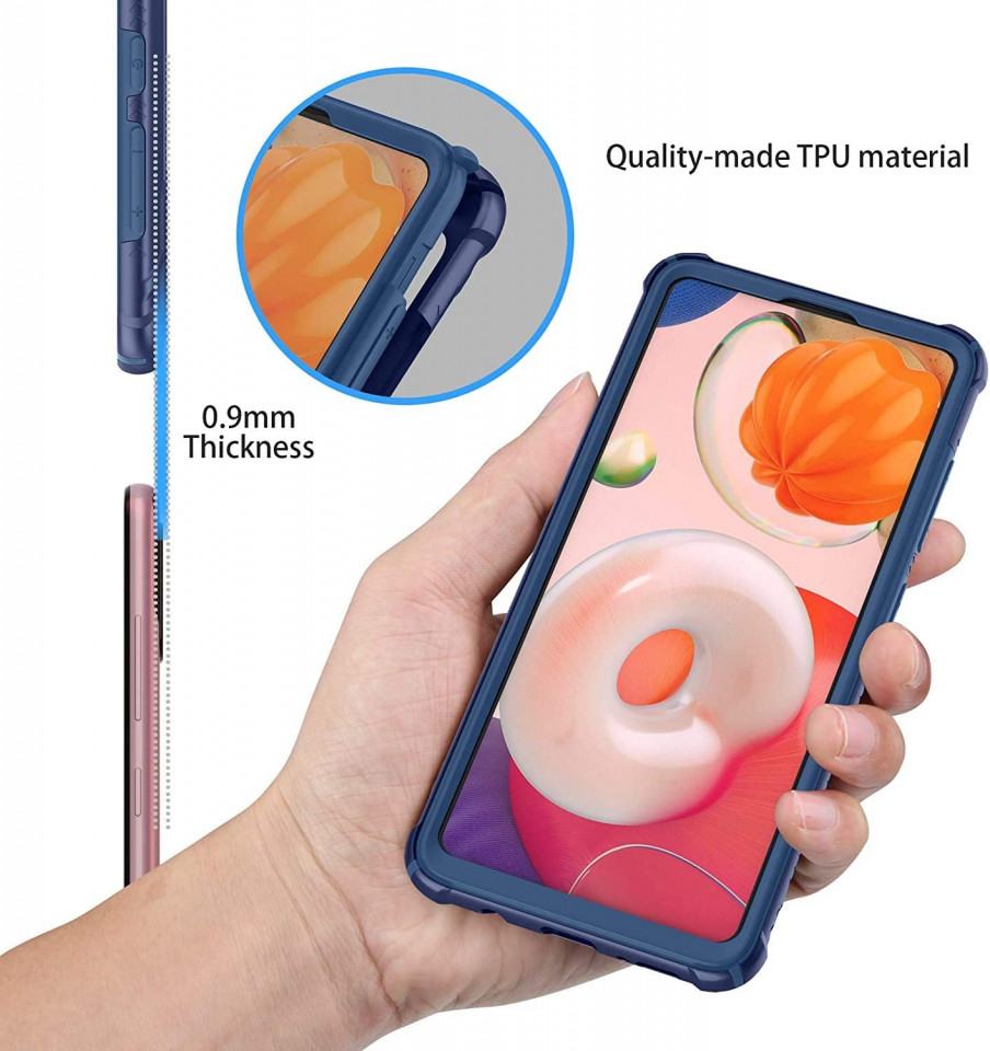 Set de husa cu doua folii de protectie ecran pentru Galaxy A51 ORETECH, sticla securizata/policarbonat termoplastic, albastru inchis/transparent, 6,5 inchi