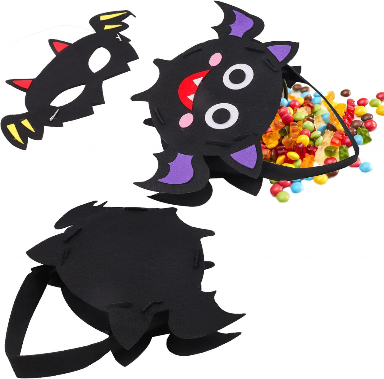 Set de masca si punga pentru dulciuri de Halloween AnJeey, textil, negru, 27,5 x 18 cm / 25 x 13 cm