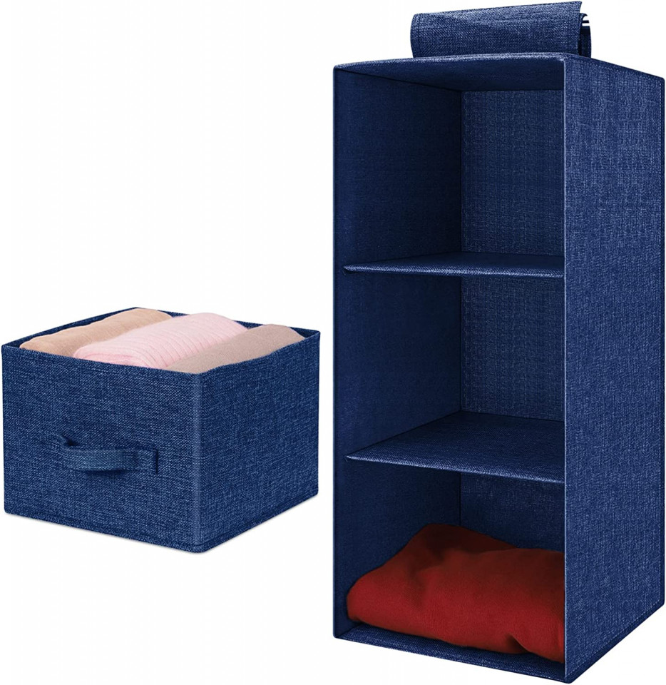 Set de organizator de haine cu 3 nivele si sertar de depozitare Tigerkinwit, bumbac/PP, albastru, 26 x 27 x 58 cm / 25,5 x 26,5 x 17cm