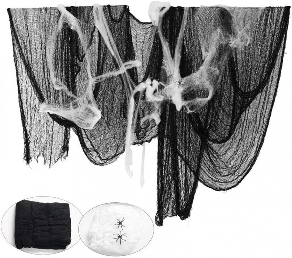 Set de panza infioratoare si 2 panze de paianjen de Halloween Bst4UDirect, poliester, alb/negru, 215 x 500 cm /