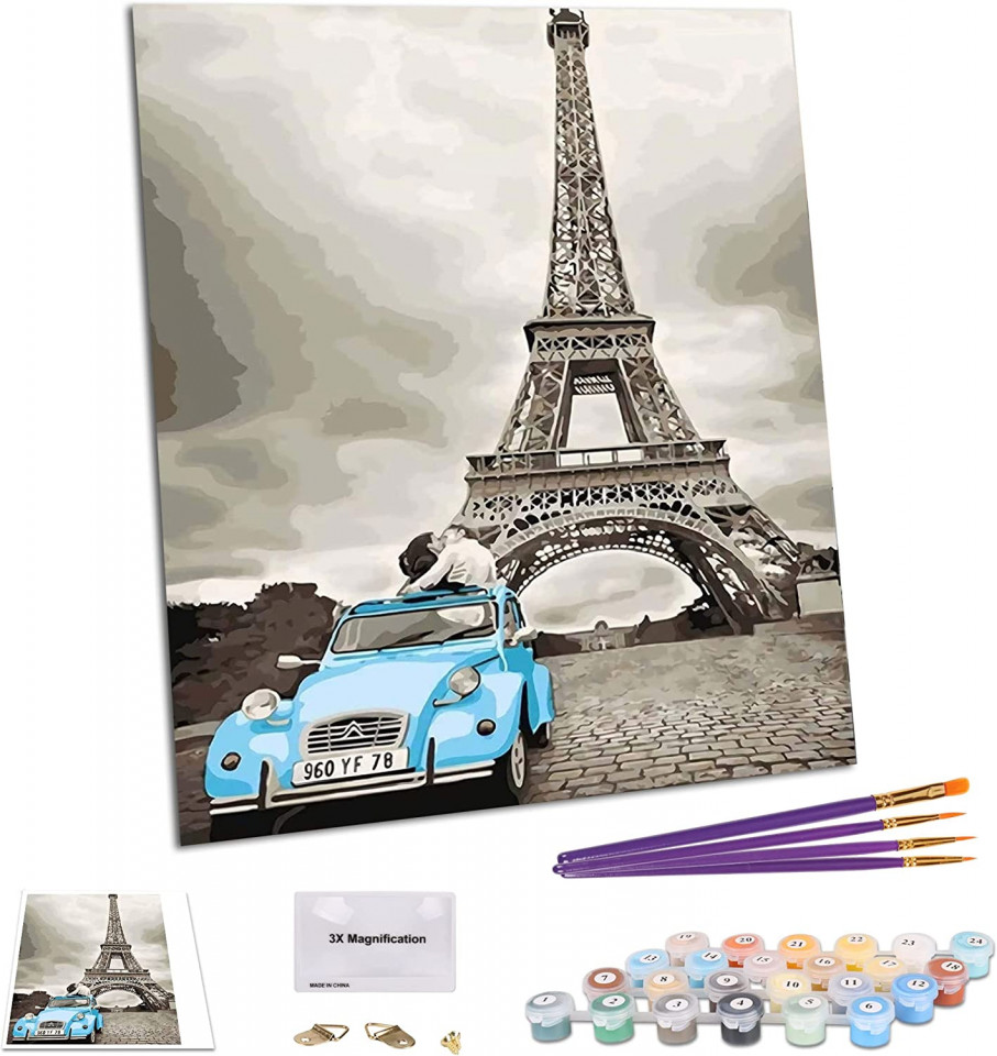 Set de pictura cu numere Taheat, vopsea acrilica, model Turnul Eiffel, multicolor, 40 x 50 cm