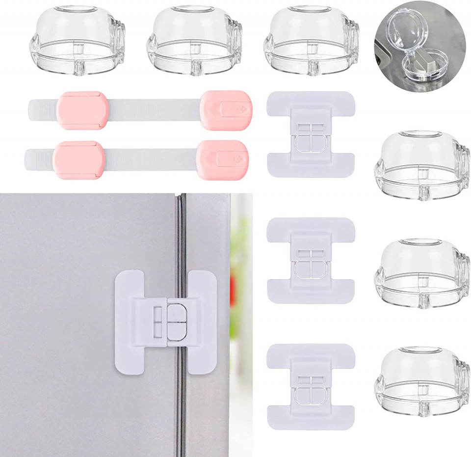 Set de protectii si incuietori pentru frigider si aragaz pentru siguranta copiilor Cantik, plastic, transparent/alb/roz